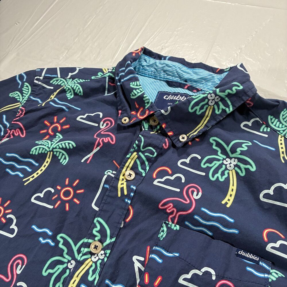 Chubbies Shirt Mens Large Short Sleeve Button Up Hawaiian Flamingo Neon Print